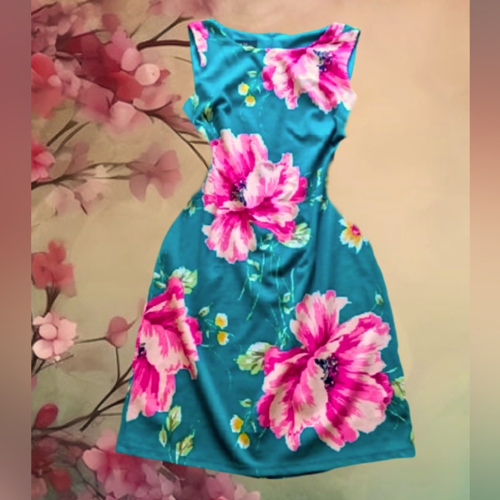 Alex Evenings Green Dress with Bright Pink Floral Print
